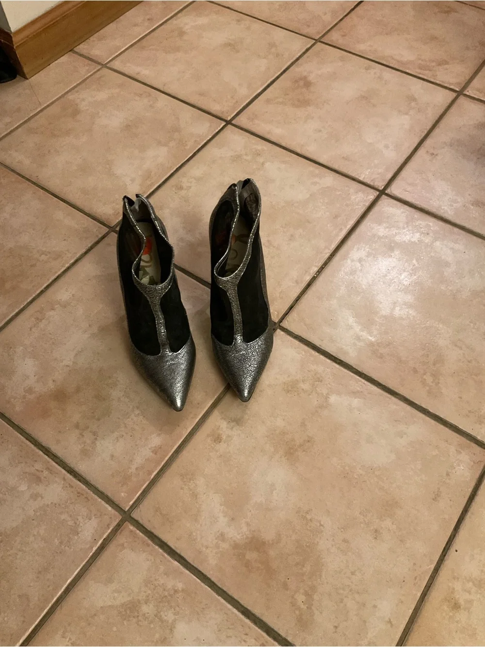 Sam Edelman Silver Glitter Pointed Toe Stiletto Booties with Black Mesh Insets